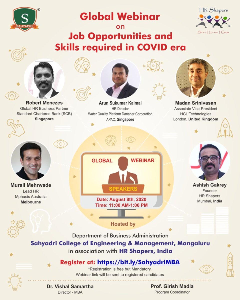 #SahyadriMBA is organizing a global webinar in association with #HRShapers India on Job Opportunities and Skills required in COVID era.
#mbacolleges
#education
#management
#careergoals
#covid19 
Register at:
bit.ly/SahyadriMBA