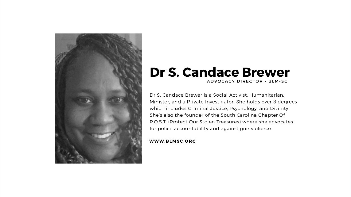 BlmTribeSC's tweet photo. Dr S. Candace Brewer is our Director of Advocacy- she￼ is a Social Activist, Humanitarian, Minister, and a Private Investigator. She holds over 8 degrees which includes Criminal Justice, Psychology, and Divinity. she advocates for police accountability and against gun violence. https://t.co/a9n1s6aeZe
