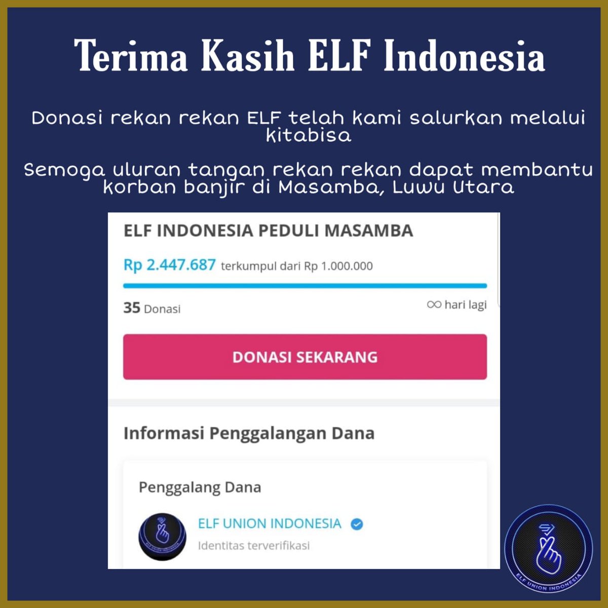 ElfUnionIna's tweet photo. Terima kasih atas partisipasinya ELF 💙🤗
Semoga keadaan Masamba - Luwu Utara segera kondusif dan pulih kembali.
Seluruh dana donasi telah kami salurkan melalui https://t.co/6vDS7zaoG7 🙏🏻🙏🏻🙏🏻
ELF, kalian luar biasa 💙
#elfforelf #wecareweshare #superjunior #elfcareproject https://t.co/q962RIIXTI