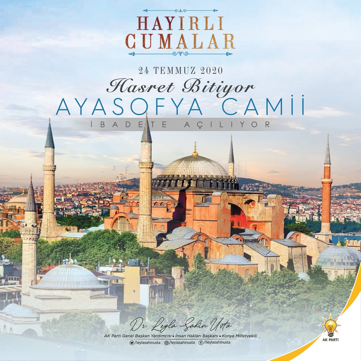 Hasret bitiyor #AyasofyaCamii ibadete açılıyor.

#AyasofyadaİlkCuma
Cumamız Mübarek Olsun
#HayırlıCumalar