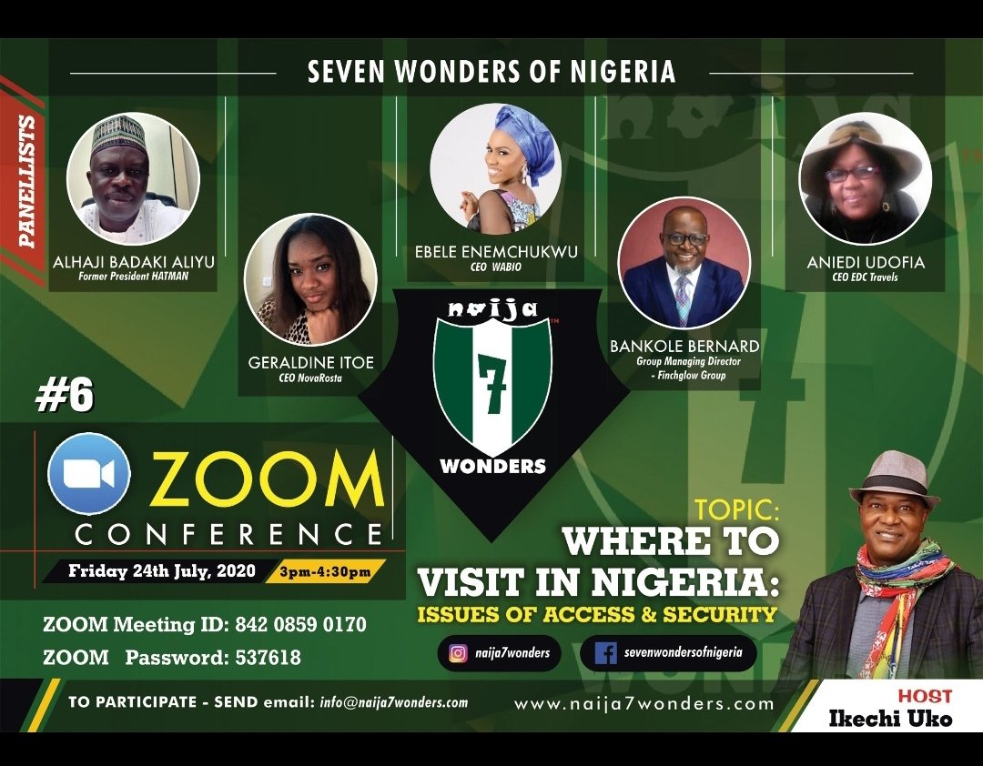 AkwaabaMarket's tweet photo. If you need to know Nigeria don't miss this. 3PM Friday 
NAIJA 7 WONDERS ZOOM MEETING.
Topic: WHERE TO VISIT IN NIGERIA / ISSUES OF ACCESS &amp; SECURITY...
Time: Jul 24, 2020 15:00 London
Join Zoom Meeting
https://t.co/0I8YrNMEWv
Meeting ID: 842 0859 0170
Password: 537618 https://t.co/nqC66ZvgQ3