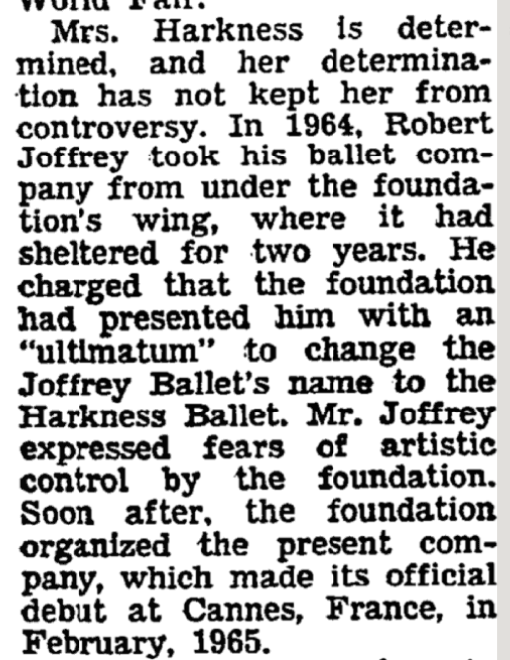 she gave the joffrey ballet an ultimatum: change the ballet to her own name or lose funding; she pulled the $ and started her own ballet company. ruthless tbh