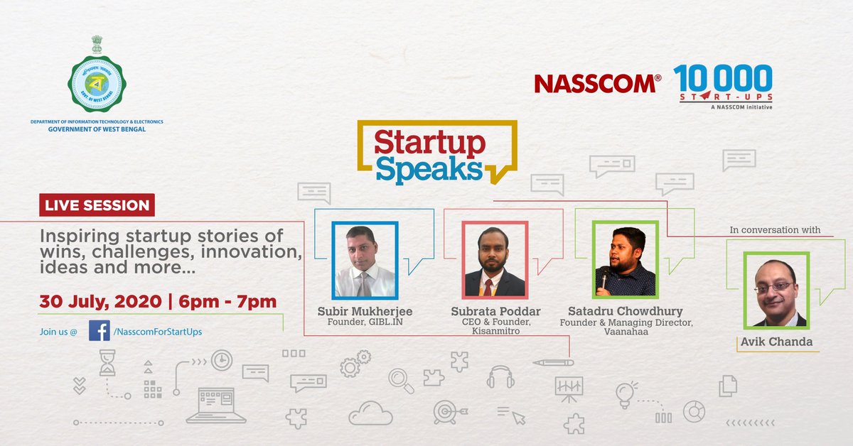 nasscomstartups's tweet photo. Join the LIVE session ‘Startup Speaks’, as the founders of , @giblofficial, #Kisanmitro and Vaanahaa Labs talk about their startup story with @avik_chanda on 30 July 2020 at 6 PM. @news_webel
Join here - https://t.co/cxIVSRlHFp https://t.co/hsKTIWA5oG