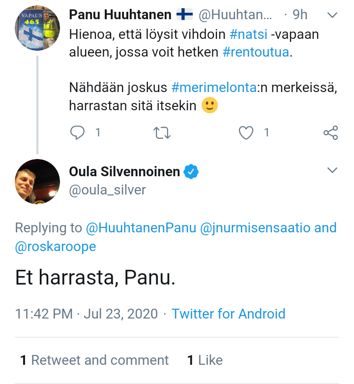 HuuhtanenPanu's tweet photo. Nyt @TiiaMaija tykkäsi tuosta @oula_silver'in #upea'sta kommentista.
Tuo on ehkä Suomen hassunkurisin #pariskunta.
Olen #sanaton. https://t.co/hCtsmVHJS1