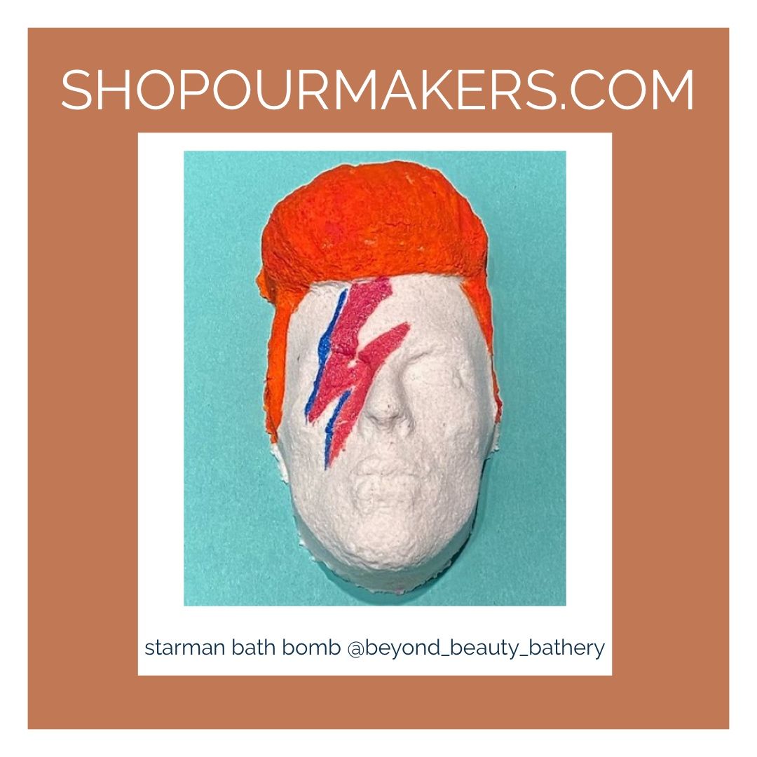 Did you know David Bowie was a shaman? The energy of David Bowie is remarkably represented as Ziggy Stardust in this bathbomb by @beyond_beauty_bathery. Find this and other indie-made art and crafts on ShopOurMakers.com #odetoziggystardust #aladdinsane #bowie #shamanenergy