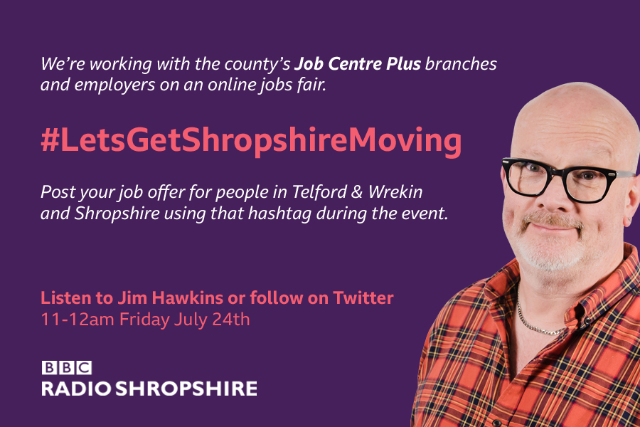 BBCShropshire's tweet image. Halfway through the #LetsGetShropshireMoving virtual Job Fair with @jimallthetime. Follow the hashtag or listen at @BBCSounds for vacancies bbc.co.uk/programmes/p08…
