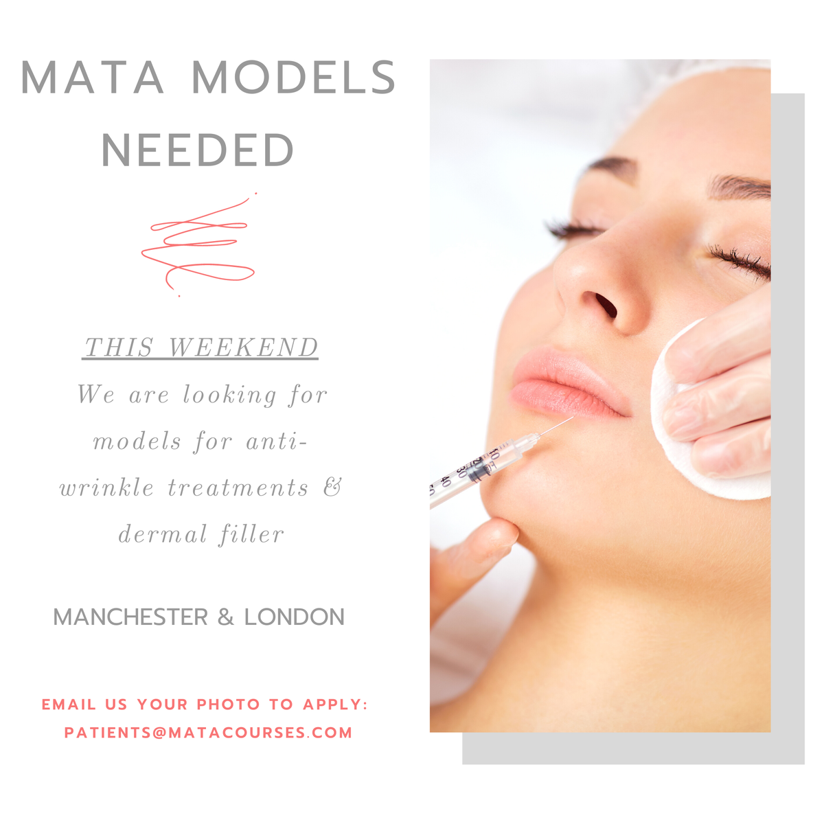 MATACourses's tweet photo. Models needed in London &amp; Manchester this weekend! Email us at patients@matacourses.com to apply! Send us your picture to ensure you are suitable for treatments 💋 https://t.co/urys3yDkDF