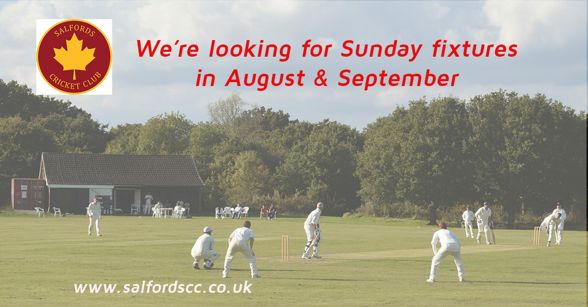 SalfordsCC's tweet photo. We're looking for Sunday cricket fixtures on 9th and 30th August &amp; 20th and 27th September to play us home or away 🏏  
Interested?  Please email salfordscricketclub@gmail.com
@TheFixtureMan @FixBureau @SurreyCricketFd https://t.co/gHfIZUKCea