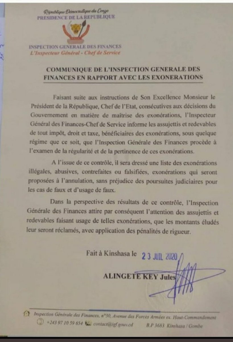 #Gouvernance: la #RDC perd chaque année des milliards de dollars à cause des exonérations fantaisistes. Une belle initiative de l'IGF de s'attaquer aux fraudeurs.<a href="/Presidence_RDC/">Présidence RDC 🇨🇩</a> <a href="/PrimatureRDC/">Primature de la République Démocratique du Congo</a> <a href="/PlanRdc/">Ministère du Plan et de la C.A.D 🇨🇩</a>