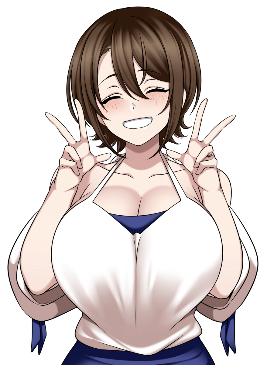 1girl bare shoulders blush breasts brown hair closed eyes double v  illustration images