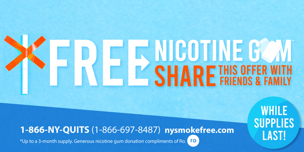 nysmokefree's tweet photo. Get up to a 3-MONTH SUPPLY of FREE nicotine gum! While supplies last, so share this offer with friends and family! Call 1-866-697-8487 or visit https://t.co/g4FzRHPEsH. #nicotinegumgiveaway #connect2quit #quitsmoking #quitvaping https://t.co/sUrVvWvqBg
