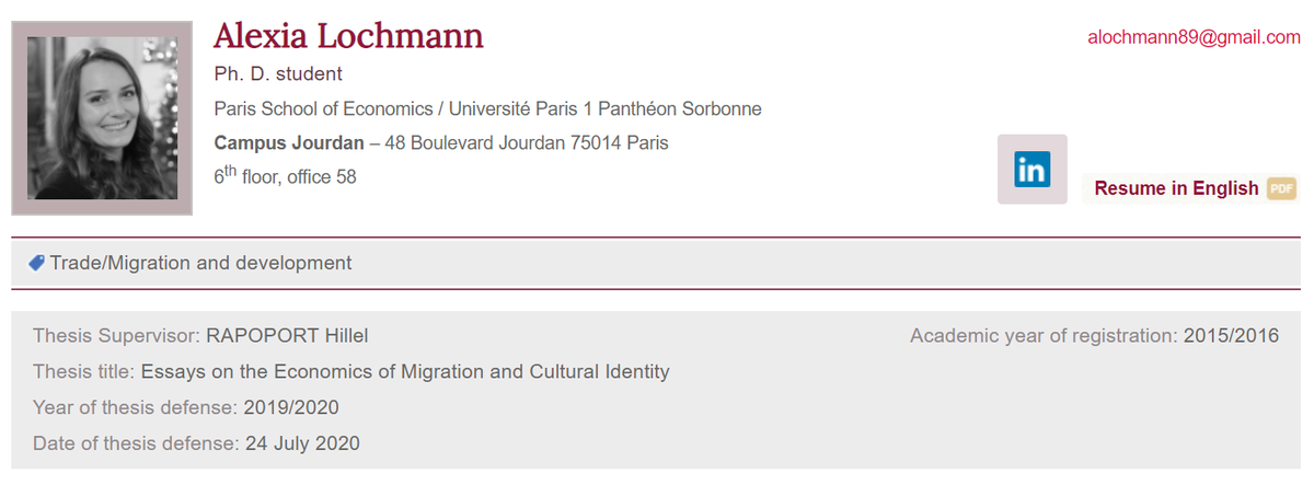 PSEinfo's tweet photo. 👩‍🎓 Thesis
Congratulations to @alexia_lochmann (@PSEinfo - @EHESS_fr) who will defend her thesis today.
It is entitled "Essays on the Economics of #Migration and #Cultural #Identity" and conducted under the supervision of Hillel Rapoport. Best wishes! 🍀
https://t.co/DAVFChSd2b https://t.co/O6ZW2lzAPF