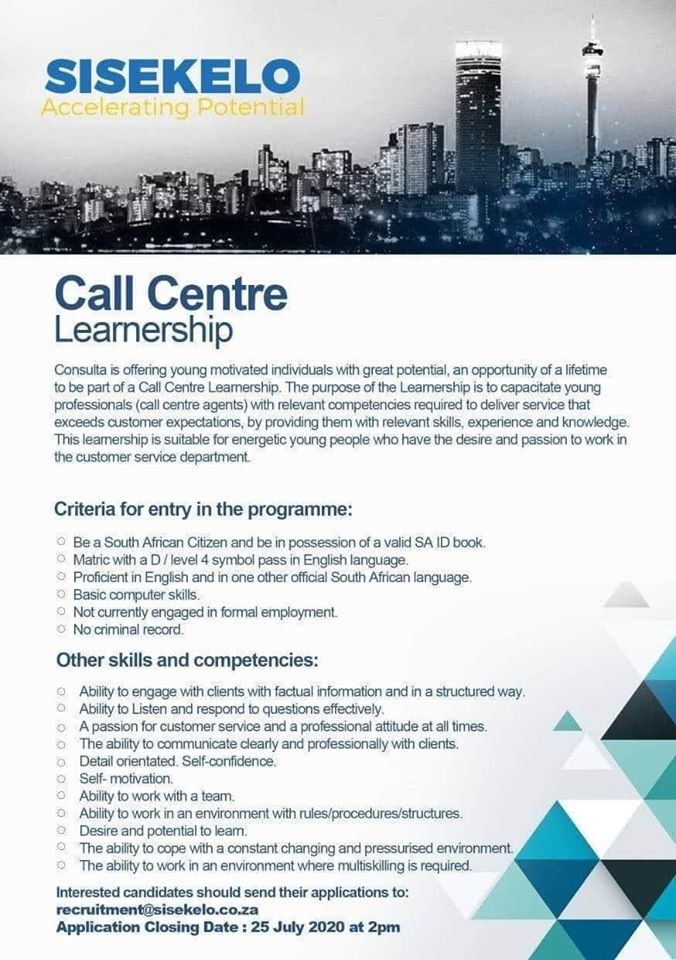 sifundo3's tweet photo. Call Centre Learnership
Closing date :25 July 2020 at 02:00 PM
send your documents to recruitment@sisekelo.co.za
#KeaDrive #helpingotherschallenge #JobSeekersWednesday https://t.co/TNrRelcllN