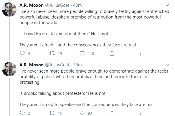 I usually let my imprecisions on Twitter slide, but I do want to clarify the final paragraphs of these two posts: It's not that they aren't afraid to speak, but that they speak despite the valid fear of the real consequence, because they believe in what they say.