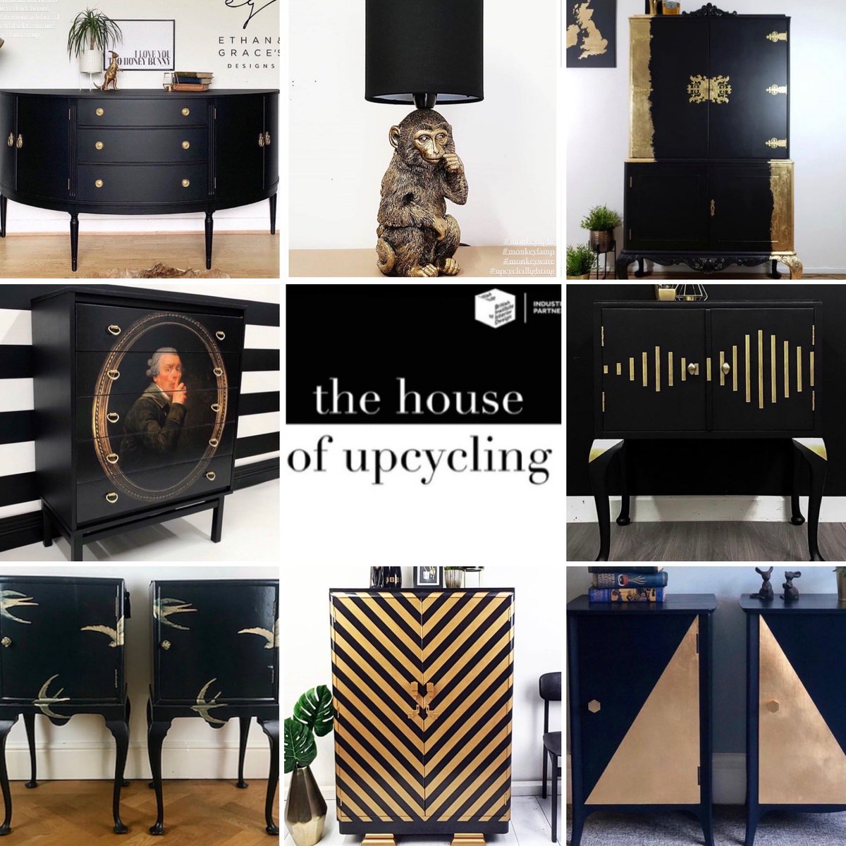 Friday means it’s time for a House of #Upcycling montage of magnificence; this week we feature the eternally sexy &amp; sophisticated combo of #gold &amp; #black; nothing ever looked so stunning. Thanks to #thehouseofup Associates for #elevatingupcycling so high: thehouseofupcycling.com