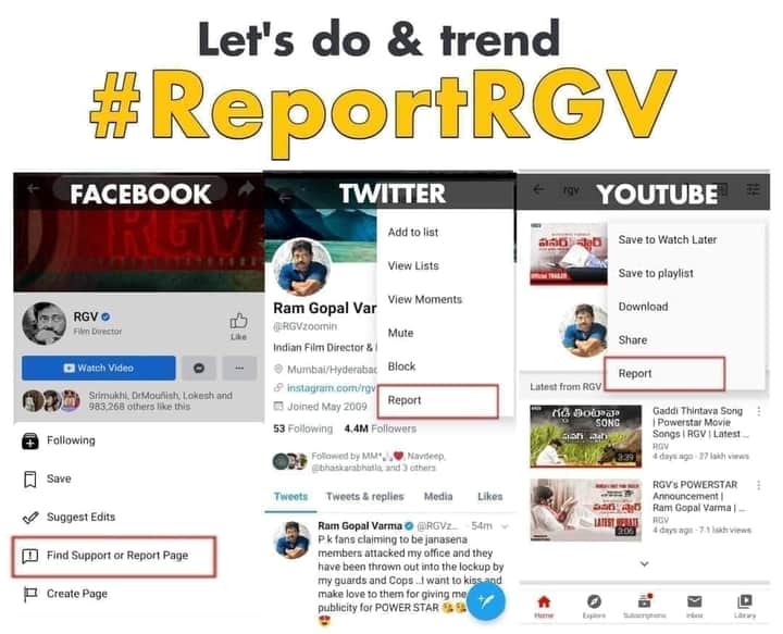 ShekharJSP's tweet photo. Pls follow these
 
#ReportRGV

Step 1 - Go To RGV Official Account's 

Step 2 - Click On Report

Step 3 - Click On Abusive Content

Nominating

@manojvalluri Anna 
@mosinalways4u Anna 
@sivacherry9 Anna 
@Tannirukishore1 Anna
@Balaji_Varuntej

Plz Dont Break the chain🙏🙏 https://t.co/itGXmlh7g2