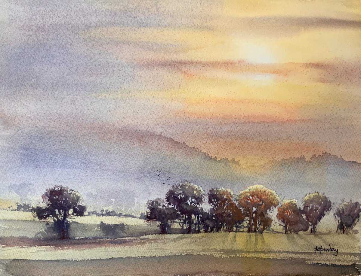 PaulPurday's tweet photo. Sundown. #etsyseller #etsyshop #watercolorlandscape #landscapepainting https://t.co/NRm8JyvyAO