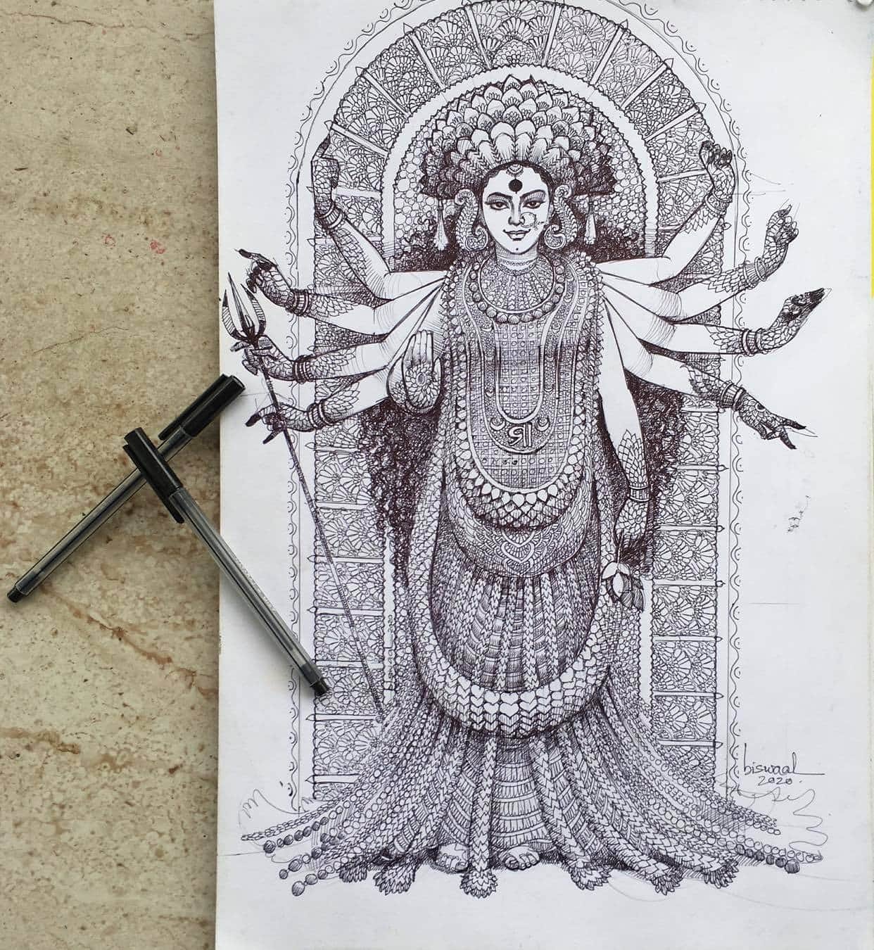 Sketch of goddess durga maa or kali mata editable vector outline • wall  stickers face, religion, traditional | myloview.com