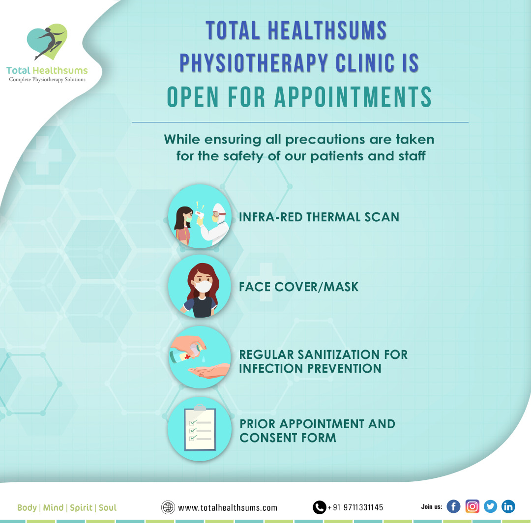 thsclinic's tweet photo. TotalHealthsums physiotherapy clinic is open and is offering clinic appointments! Precautions to ensure social distancing in the clinic are in place to meet all #COVID19 guidelines. To book an appointment, give us a call on (+91- 9711331145). https://t.co/XtbQ31i5hU