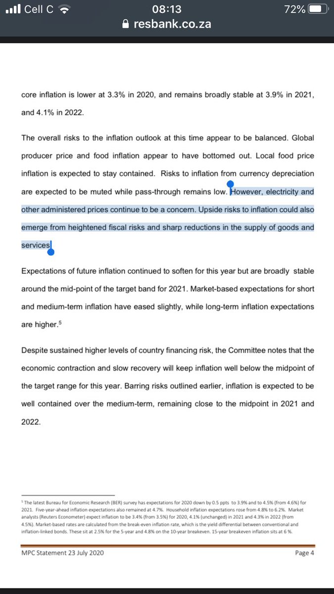 Inflation is currently at 2,1% and  @SAReserveBank predicts upside risks to come from cost push (electricity) and possible drop in supply of goods. Cost push and drop in supply risks are both exacerbated by rates increases which increases producers costs while reducing demand.