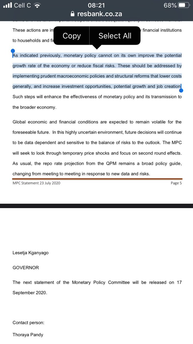 Once again the  @SAReserveBank does not stay in its lane...calling for “structural changes” that “lower costs, increase investment, growth & job creation”...all of which would happen if SARB lowered borrowing costs for our private sector & goverment & funded productive stimulus.