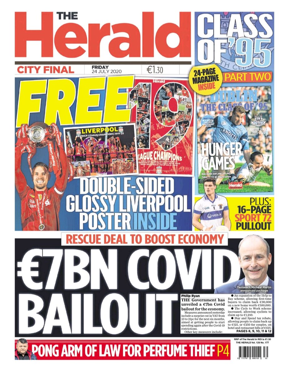 DublinIndo's tweet image. In today's BIG value Herald: The government have unveiled a €7bn Covid bailout for the economy
PLUS, INSIDE DON'T MISS YOUR
● Free double-sided GIANT Liverpool poster
● Free 24-page 'Class of '95' mag
● 16-page Sport 72 pullout