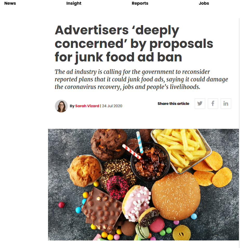 Today and over the w/end I'm going to play argument bingo on the coverage of industry opposition to the rumoured advertising bans in the UK. Starting with this Marketing week article: