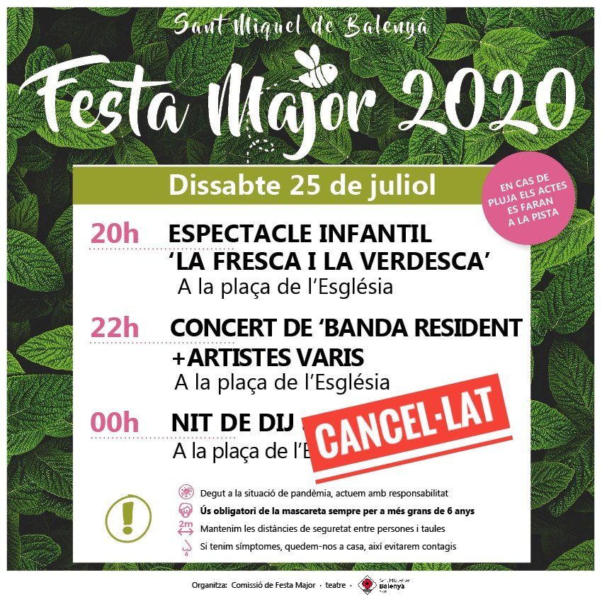 🌿 Avui comença la festa major! 🌿
⚠️ La NIT DE DJ de demà dissabte queda anul·lada per motius de seguretat
#SMBalenyà #Osona
#festamajor2020