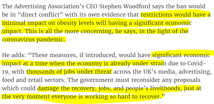 First up, we have 1) the economy argument - detrimental impact on the economy such disproportionate regs would have (despite them arguing that marketing isn't effective...) and 2) the fairness argument - don't punish the people when all just doing their best