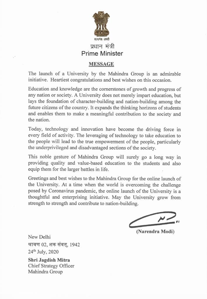 anand mahindra (@anandmahindra) on Twitter photo We began our journey in educational philanthropy in 1953 with scholarships to global universities. Building one in India was a dream that came true with the launch of <a href="/MahindraUni/">Mahindra University</a> today. We were honoured to receive a message of good wishes from the honourable PM <a href="/narendramodi/">Narendra Modi</a> 🙏🏽 We began our journey in educational philanthropy in 1953 with scholarships to global universities. Building one in India was a dream that came true with the launch of <a href="/MahindraUni/">Mahindra University</a> today. We were honoured to receive a message of good wishes from the honourable PM <a href="/narendramodi/">Narendra Modi</a> 🙏🏽