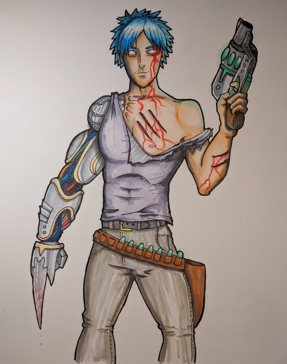 milotoast's tweet photo. I really enjoyed redrawing your art! Cyborg gunslingers are never not fun, despite their grim demeanor...

#RedrawJazzasArt https://t.co/EZLlrUzl8j