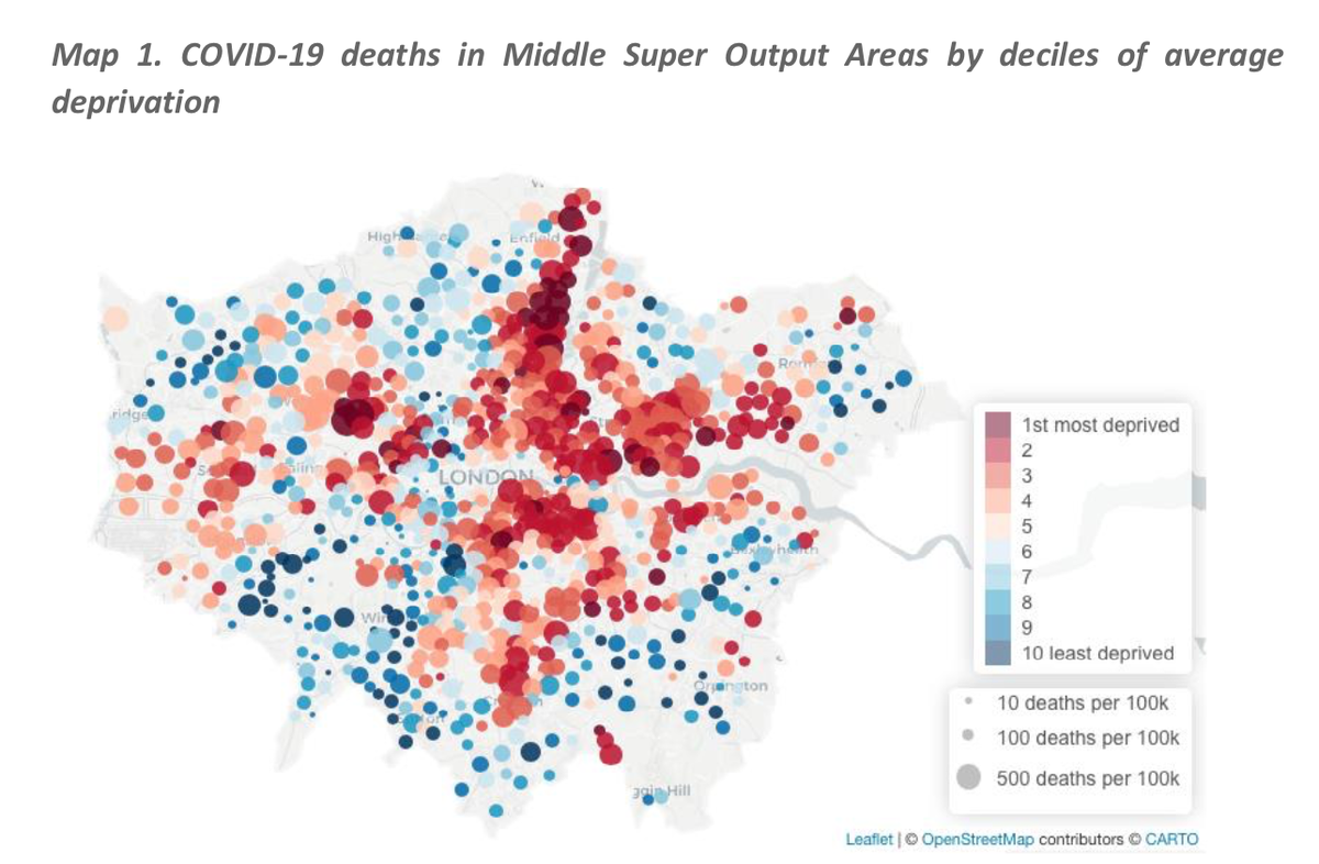 On average, in March to May, the most deprived 20% of neighbourhoods saw 23 more  #COVID19 deaths per 100,000 people than the least deprived 20%. Explore this map data here:  https://bit.ly/3hslvpm&nbsp;This is after controlling for a wide range of other neighbourhood measures 2/8