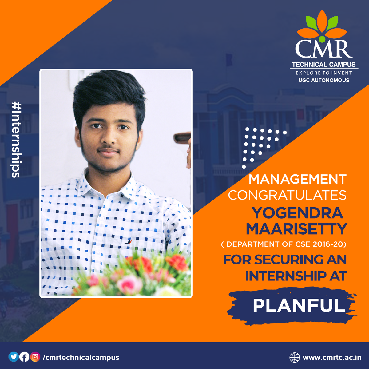 CMRTCofficial's tweet photo. #CMRTechnicalCampus #InternshipUpdates
CMR Technical Campus Congratulates Yogendra Maarisetty for securing an internship at Planful.
We wish her all the best for her future and career prospects ahead !! https://t.co/20Z1Yd2zdS