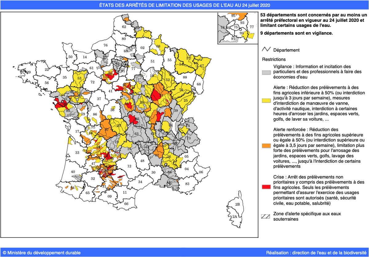 Meteovilles's tweet photo. 51 départements concernés par des restrictions d'eau (soit 20 de plus que la semaine dernière !). La #sécheresse gagne du terrain de jour en jour... https://t.co/xawGC6jlcn https://t.co/vEXXgmPuwP