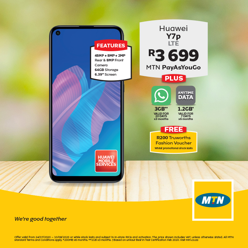 Truworths on X: MTN OFFER💛📱 When we give you FREE WhatsApp data with the  Huawei Y6p, plus a FREE R200 Truworths fashion voucher with the Huawei Y7p,  we're good together. FREE R200