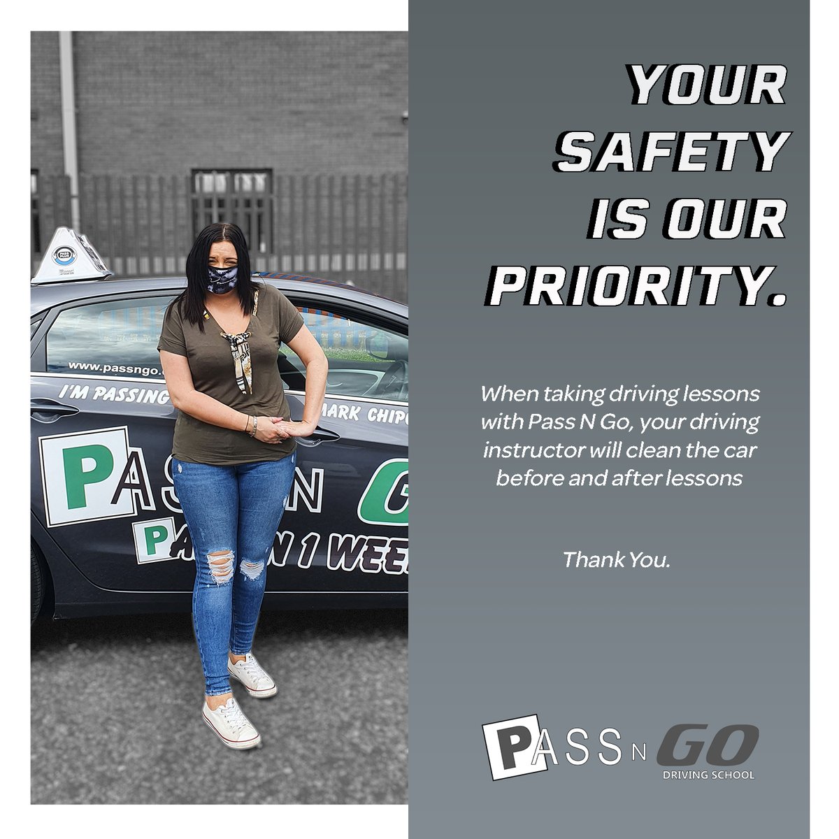 𝙔𝙤𝙪𝙧 𝙎𝙖𝙛𝙚𝙩𝙮 𝙄𝙨 𝙊𝙪𝙧 𝙋𝙧𝙞𝙤𝙧𝙞𝙩𝙮

We want to assure everyone that you MUST:
- Wear a Face mask/ Face covering
- Either wear gloves or sanitize your hands before and after your lesson

Stay safe,

Pass N Go

#COVID-19 #Driving #DrivingLessons #DrivingSchool #PPE