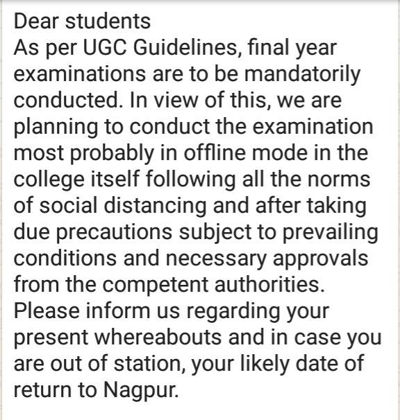 AkotkarLokesh's tweet photo. @samant_uday sir please turn Your kind attention to the message I am sharing here. @yscollegekaksha @prajaktdada @samant_uday. The message is from Nagpur university's one Autonomous college going take exams in August end. We are in biggest trouble sir please help. https://t.co/kSjgfKphKJ