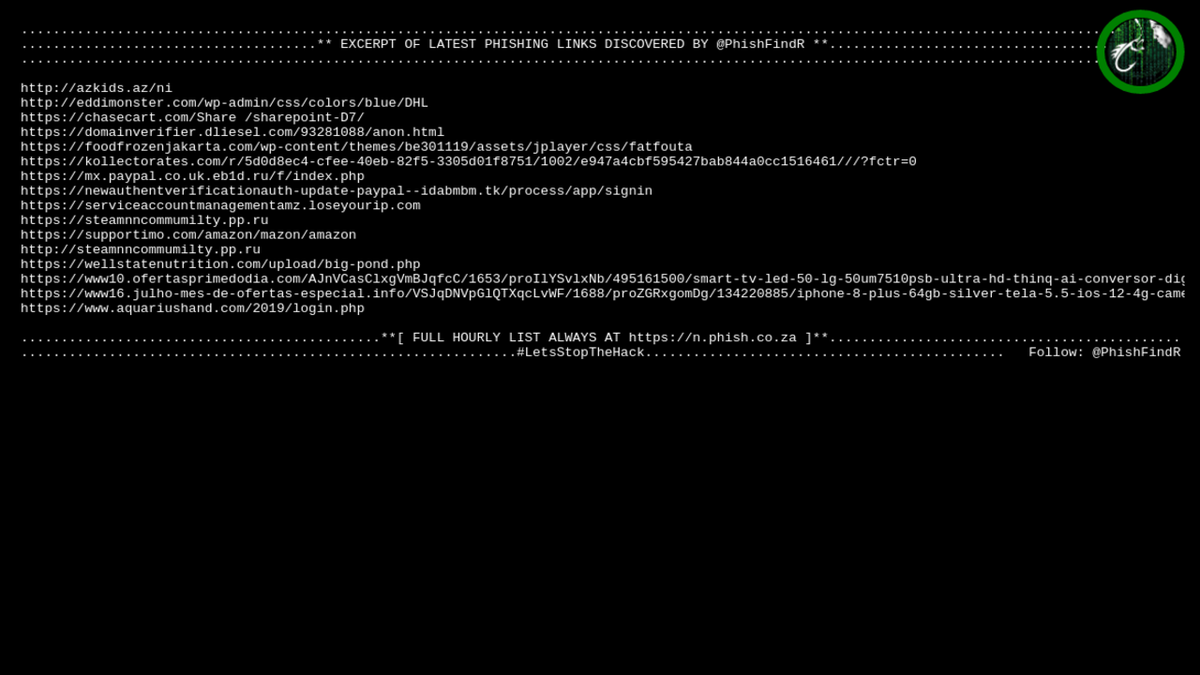 PhishFindR's tweet photo. 🎣 PhishFindR Found: 
16 NEW #Phishing #links 🔗
@ 10:11:49 > https://t.co/MhQZhs76kS

🔗 Found Today: 574 > https://t.co/Ff8Di77OyV
2020-07-24 🦈

#cybersec #cybersecurity #infosec #malware #dataviz #datamunching https://t.co/D7s6GRNu0V