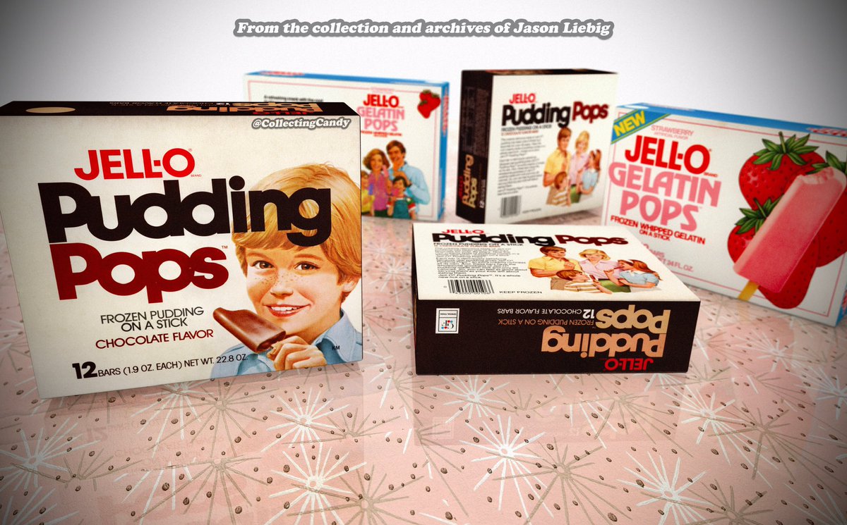 Collectingcandy's tweet photo. Hereโs some glorious 1980โs throwback goodness, rendered from a couple fave pieces in my packaging archives. Jell-O Pudding Pops and Jell-O brand Gelatin Pops. @JELLO #jello #1980s #80s #80snostalgia #jellopuddingpops #vintagepackaging #packagingdesign @TheDieline #boxshot https://t.co/7otyUmg1b6