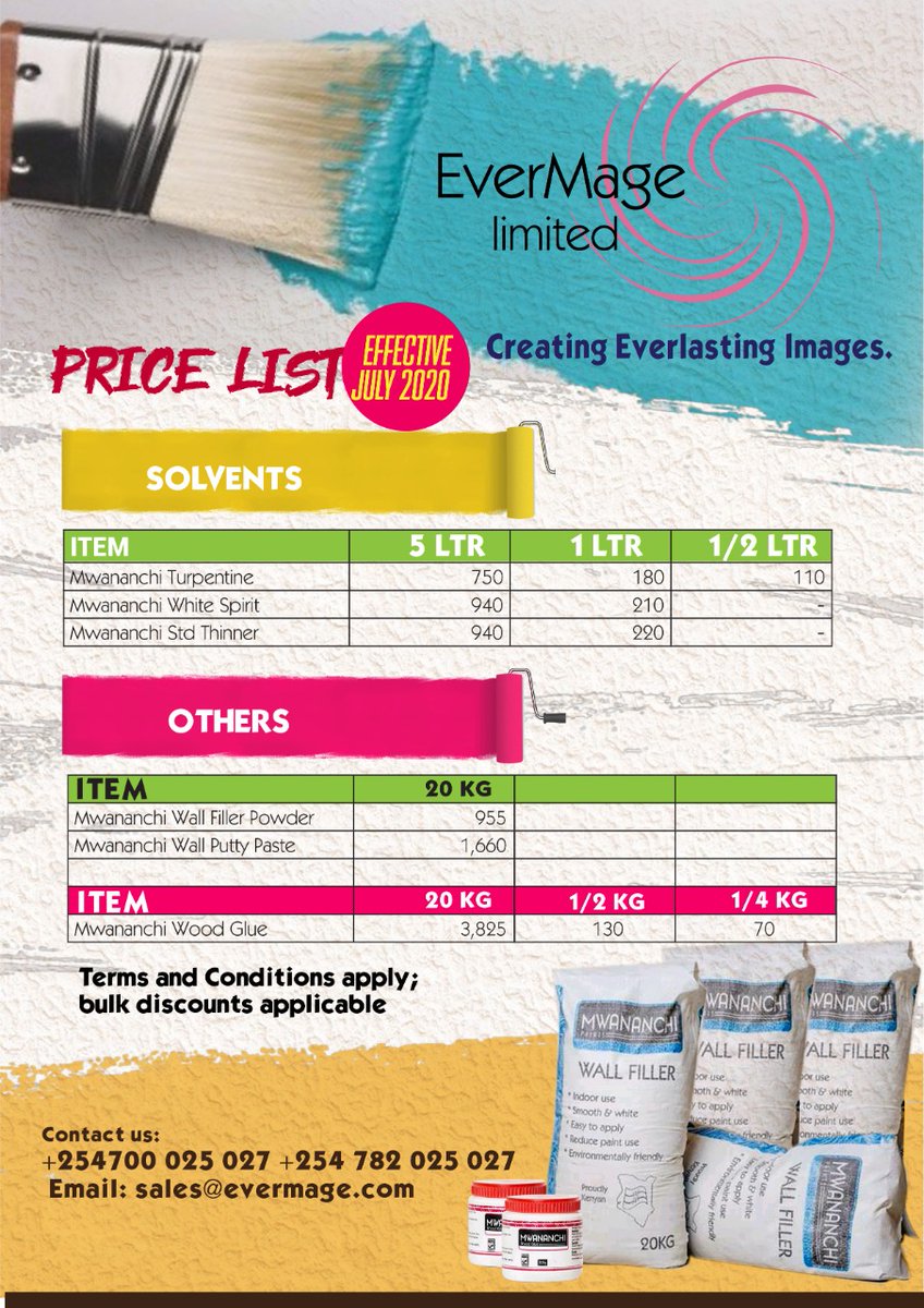 EverMageLtd's tweet photo. GOOD MORNING! PAINT YOUR DAY BRIGHT WITH MALAIKA & MWANANCHI PAINTS!
Get More value in quality with long lasting paints at a lower affordable price!
REMBESHA NA RANGI YA BEI NAFUU.
-
+254700025027 / +254782025027
sales@evermage.com
#Paint #EverMage https://t.co/veeO5A4SPo