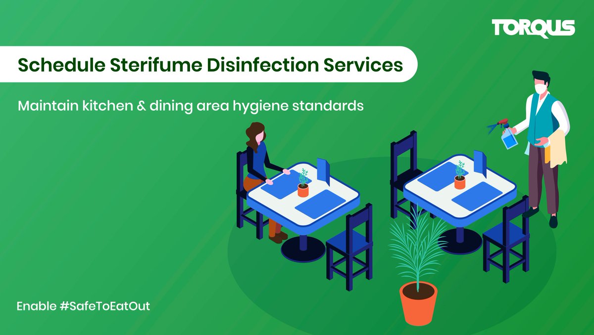 TorqusSystems's tweet photo. As restaurants reopen for dining out, create a #SafeToEatOut environment for your diners by scheduling the best-in- class sterifume disinfection services.

To enable #SafeToEatOut at your restaurant get in touch with us here https://t.co/2aJDLe6W1m

#TorqusIndia #RestaurantSafety https://t.co/t9r7ZXXF7s