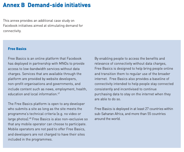 And yet, one of Facebook's demand-side initiatives in SSA? Yep, you guessed it - Free Basics. 