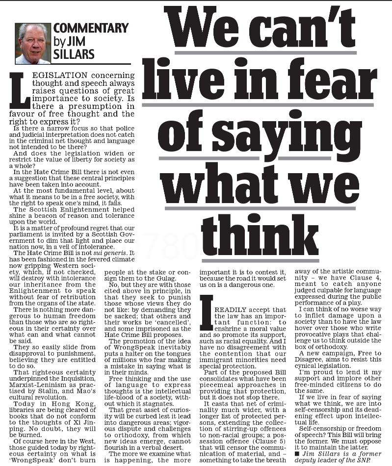 Even Jim Sillars is calling out the SNP's shocking Hate Crime Bill.