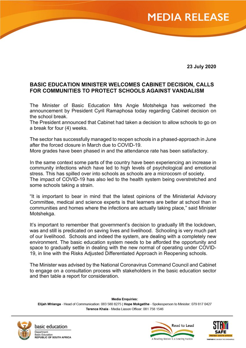 TheCurriculumZA's tweet photo. 🚨Minister of education, Angie Motshekga’s official statements
#SchoolBreakSA https://t.co/IS6Nfz4TSU