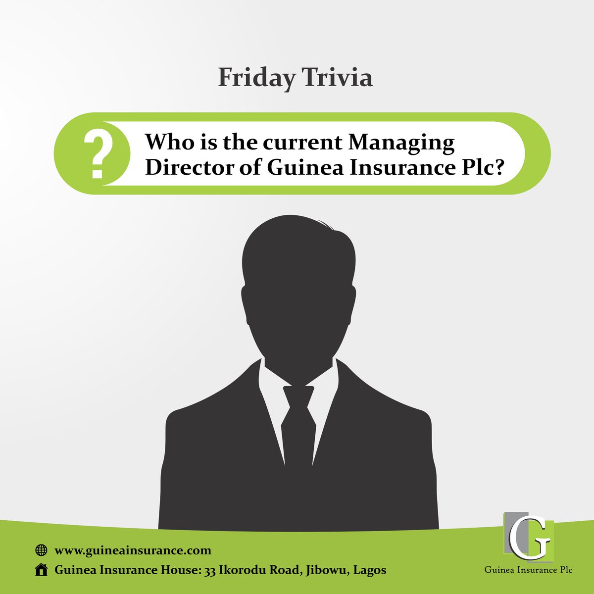 Yayyy!!

The weekend is here again.

Get to know our formidable team at Guinea Insurance Plc.

Guess who👇

#FridayTrivia
#GITeam 
#OurWorkForce 
#GuineaInsurancePlc