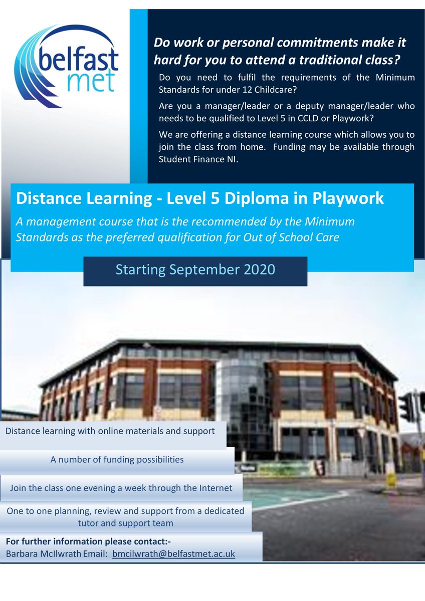 playboard_'s tweet photo. Distance Learning study opportunities available with 
@bfastmet - L5 Diploma in Playwork &amp; L5 Diploma in Leadership for Children’s Care, Learning &amp; Development (Management), starting September. For info email bmcilwrath@belfastmet.ac.uk https://t.co/oXKwIRvqGK