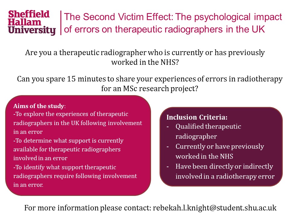 Please retweet and share with colleagues.
MSc research project exploring the experiences of therapeutic rads following involvement in an error. 
15 minute survey open for responses until 14th August 2020, link below:
shusls.eu.qualtrics.com/jfe/form/SV_5y…