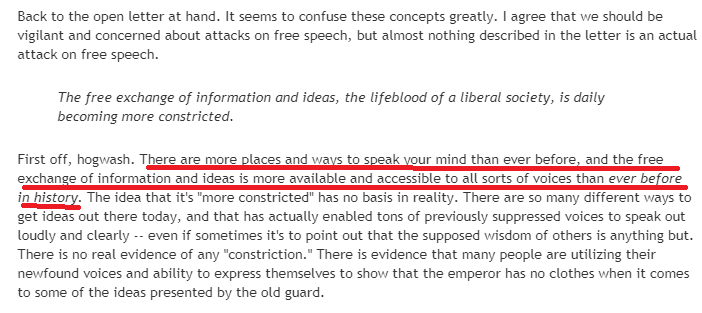 16/ @mmasnick (tagging for transparency) wrote an article where he gets this wrong (Linked)His first point seems to be Cancel Culture isn't an issue because there are many platforms you can use to express opinions activists will get you fired for having https://www.techdirt.com/articles/20200707/13451544860/harpers-gives-prestigious-platform-to-famous-writers-so-they-can-whine-about-being-silenced.shtml