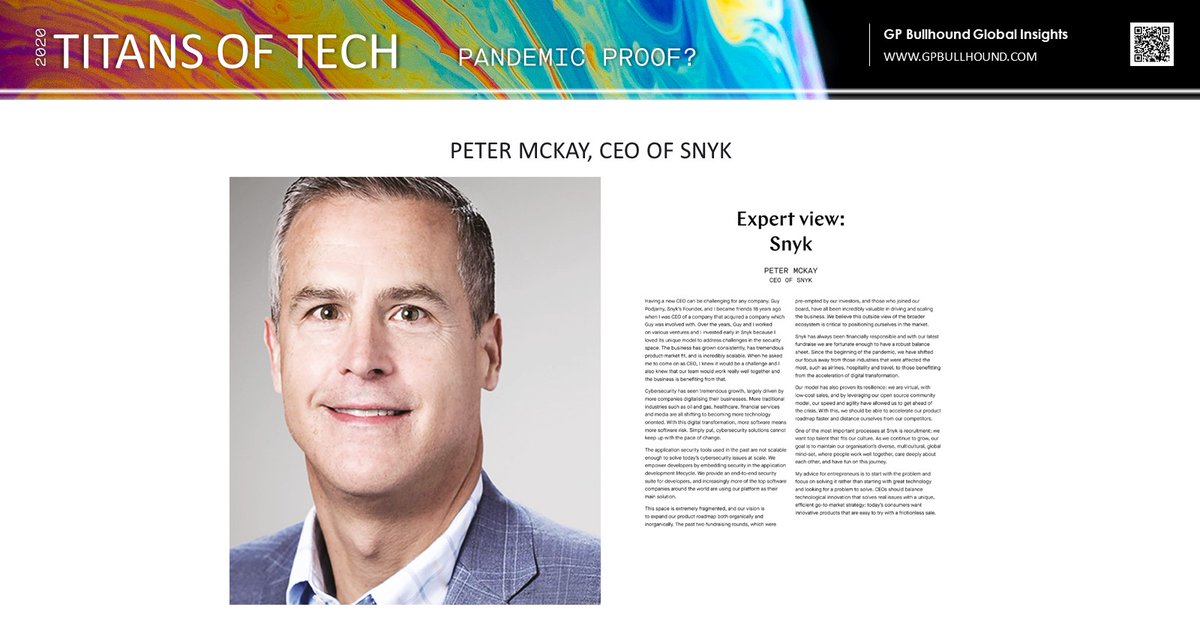 Twitter: Peter McKay, CEO of <a href="/snyksec/">Snyk</a>, talks about entrepreneurial focus: “Start with the problem &amp; focus on solving it rather than starting with great technology &amp; looking for a problem to solve.” Read the full story in “Titans of Tech - Pandemic Proof?” hubs.ly/H0sJhJs0
