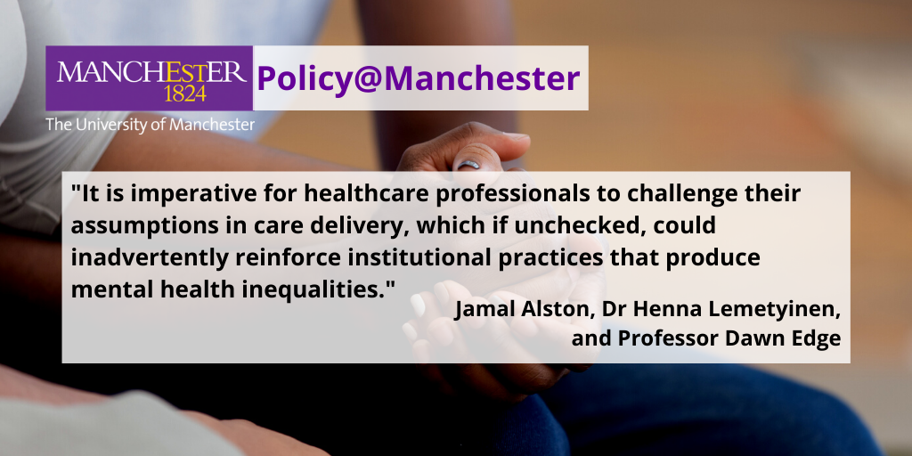 UoMPolicy's tweet image. The #BLM movement highlighted ethnic inequality at all levels of society. Here, @EdgeDawn, Dr Henna Lemetyinen and Jamal Alston, from @cafistudy, outline ethnic bias in mental healthcare, and suggest evidence-based policies to challenge it.

Read the blog; blog.policy.manchester.ac.uk/posts/2020/07/…